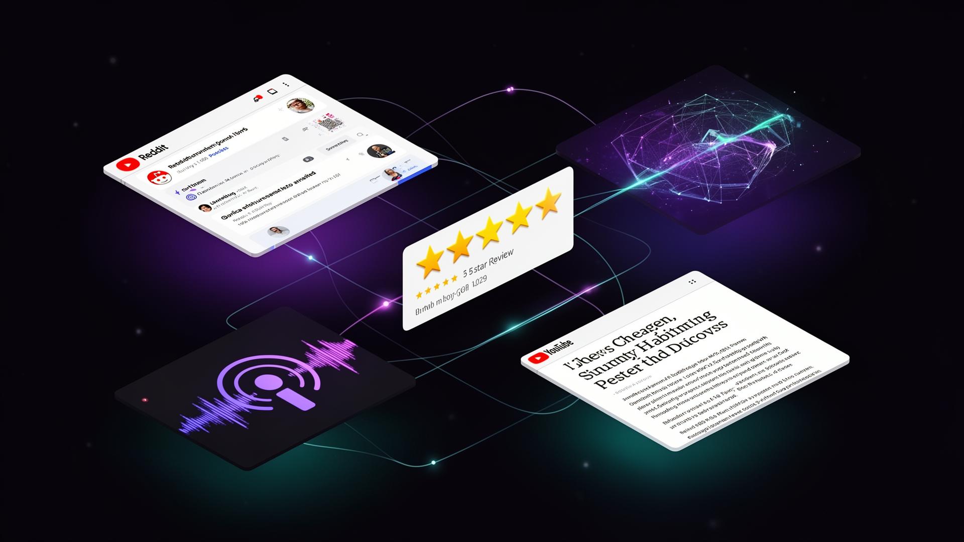 Distributed web surfaces - a forum, review card, podcast, and article - interconnected with glowing lines