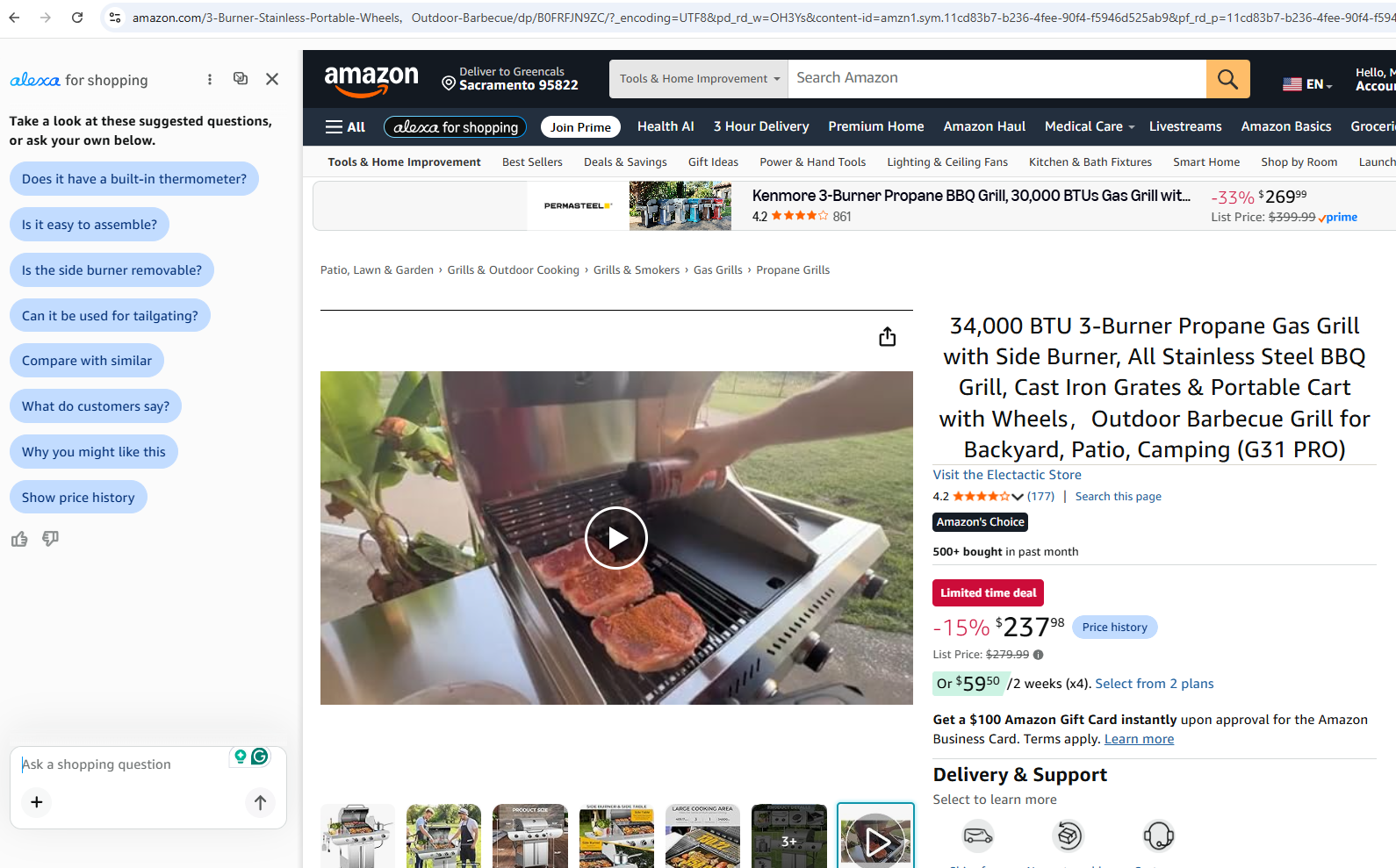 Alexa shopping assistant side panel suggesting questions on an Amazon product page