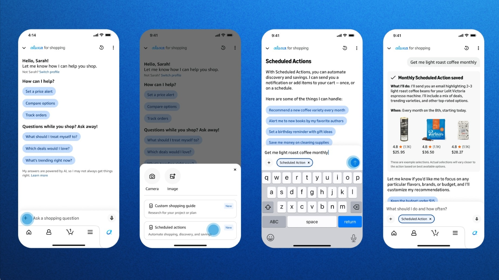 Alexa shopping assistant scheduled actions automating ongoing product discovery and savings