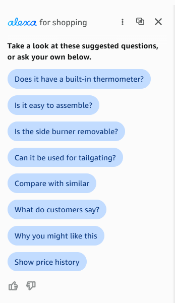 Suggested follow-up questions surfaced by the Alexa AI shopping assistant